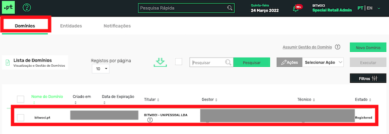 Dashbord conta .PT